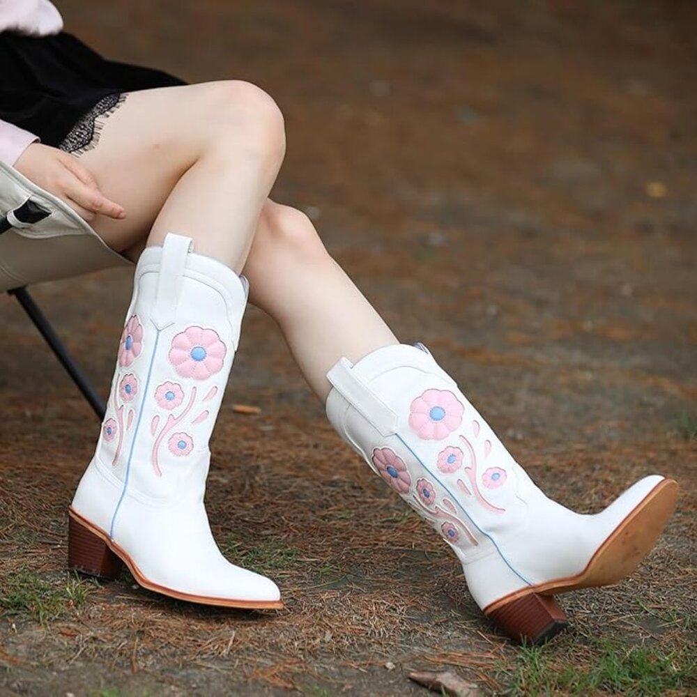 Cute Mid Calf Flower Cowgirl Western Country Boots